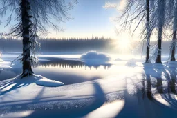 A serene landscape of a frozen, snow-covered lake, surrounded by a silent, frost-encrusted forest, as the pale, winter sun casts long shadows across the pristine, icy surface.