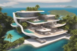 Impressive paradise islands, with elegant and luxurious futuristic homes on cliffs, vibrant and warm tones. Architecture, natural beauty, crystal clear waters, sun and lush vegetation