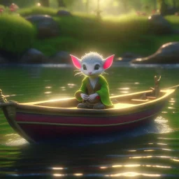 cute blessed chat elf speeding in a fishlike boat in the river,catching a big fish in a river stream, 8k, downlight, soft light, depth of field, photorealism, trending on art station, lotsa detail