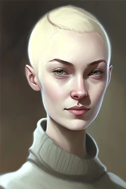 full colour drawing, portrait, 22-year old friendly slender female human cleric, shaved head, blonde eyebrows, grey eyes