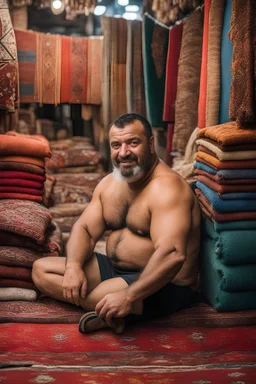 close up photography of a burly beefy strong 40-year-old Turk in Istanbul bazaar, shirtless, selling carpets sitting on a pile of carpets, biig shoulders, manly chest, very hairy, side light,