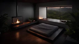 Rio, Fireplace brazil, cozy, comfy, warm, interior, room, nature, hot, dark wood, bedroom, room, night time, detailed, plants, river, dark bed, storm