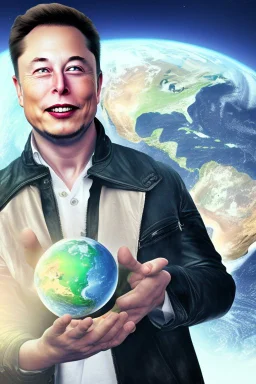 Elon musk holding planet earth in his hands and laughing