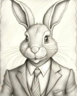 rabbit in a suit and tie, pencil drawing, emphasize emotion and realism, Walt Disney style, vintage
