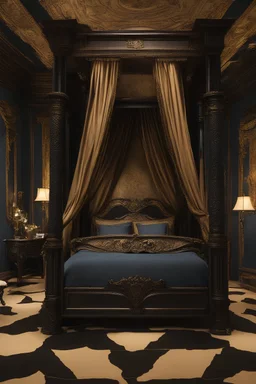 Beautiful ornate four post canopy bed in a dark colored bedroom, victorian, black and gold, blue