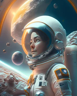 A 3D render of a female astronaut, wearing a space suit with a helmet, in a sci-fi environment with a spacecraft and planet in the background. Ultra-realistic, in style of NASA, with high-quality textures and lighting. By artists like Alexey Kashpersky, Michael Kutsche, and Vitaly Bulgarov