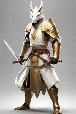 Full Body, White Dragonborn, Monk Knight, Fighter Pose, White and Gold outfit colour theme