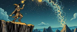 the fool from major arcana tarot,dancing joyfully on the edge of a cliff, close up portrait of dj magic farmer pilot looking down on cam, with background in the style of escher and giger, a chill contrapunctus fugue in the style of fsol, beethoven, held up and protected from disaster
