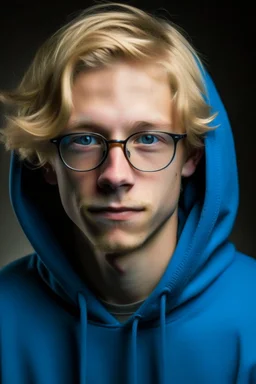 An young man with glasses, fluffy blonde hair, wearing a blue hoodie