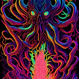 Exponential decay Cthulhu shift, abstract horror, by Victor Valla, acid wash mind-bending illustration; asymmetric, warm neon colors, dark shine burn, atmosphere guided by N(t)=N0​⋅e−kt