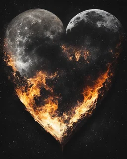 Moon in shape of realisitic heart, cinematic, {abstract}, depression, black background, atmospheric, fire, DLSR, soft focus, dispersion