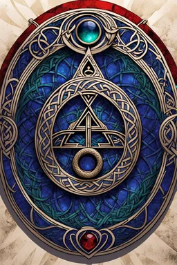 the logo of an ancient Celtic female vampire coven , in the form of highly detailed triskele and knotwork, made from lapis lazuli, emerald, and ruby, with the all seeing eye at its center fashioned as a clasp, in the comic book style of Bill Sienkiewicz, Jean Giraud Moebius, and Enki Bilal, boldly inked, 4k, finely wrought metal work