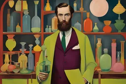 A Ludwig Bemelmans fashion portrait for Vogue features a 1920 europian scientist beardy fit actor John Krasinsky age 25, looks at the camera at full height, wears old-fashioned Eiko Ishioka design. He works with fluorescent potion in glass bowls, in laboratory, paranormal art, avant garde pop surrealism, dark intriguing nightmarish, fantasy, dark, moody, artwork by Gerald brom, bizarre art, abnormal behaviour, surreal, random and thought provoking, pop surrealism, ((art by Francis bacon)), surre