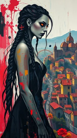 full body, wildly stylized abstract realist painting of a bold, audacious female vampire with highly detailed long dark braided hair and facial features and glowing eyes in the style of Jeremy Mann, her silhouette residing amidst bold, attention-grabbing abstract design that's defined by a wash of vibrant, highly saturated natural hues, juxtaposed against stark, surrealist medieval Spanish landscape of bustling colored cityscapes
