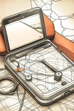 A weathered leather travel case unfolds to reveal a sleek, silver car phone with a curly cord. Beside it lies a vintage map with a specific route highlighted. Style: Vintage travel, Mood: Adventurous, Lighting: Warm glow of a bedside lamp with map details visible, T-shirt design graphic, vector, contour, white background.