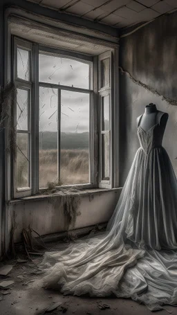 An old dusty wedding dress hanging on the wall of an abandoned room in front of broken glass stormy foggy sky in the background
