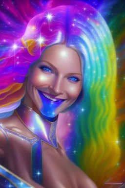 cosmic woman angels smile, admiral from the future, one fine whole face, crystalline skin, expressive blue eyes,rainbow, smiling lips, very nice smile, costume pleiadian, Beautiful tall woman pleiadian Galactic commander, ship, perfect datailed golden galactic suit, high rank, long blond hair, hand whit five perfect detailed finger, amazing big blue eyes, smilling mouth, high drfinition lips, cosmic happiness, bright colors, blue, pink, gold, jewels, realist, high commander,ufo rainbows