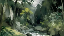 A gray jungle with a toxic river painted by Paul Cézanne