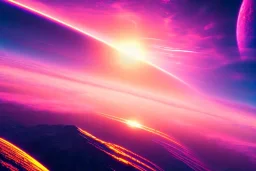 vast LANDSCAPE, 8k resolution, detailed, pink, blue, a SUN hanging in the SKY