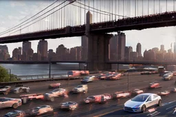 A Tesla 'Semi' (semi truck) is parked, on the 'FDR Drive', eastern Manhattan. (CINEMATIC, WIDE ANGLE LENS, PHOTO REAL)