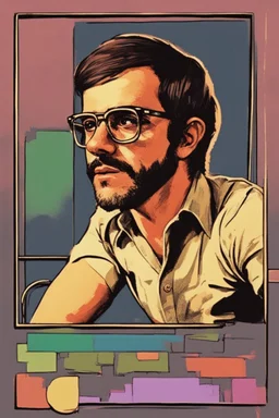 Man similar to Ronald "Ronnie" Vannucci Jr. with glasses of colours and poor and short short short and poor hair on the head with receding hairline. Farsightedness glasses with big eyes. Shirt beard in the head. Vintage look and feel like photo style-of the 70s