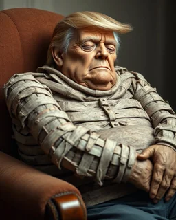 a chubby really old decrepit realistic male mummy, looks similar to donald trump, eyes closed, leaned over in a brown chair
