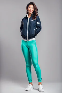 a cute full body shot of adult lady wearing sport pants and jacket standing