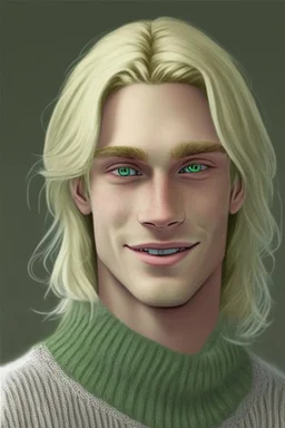 Realistic young man, longish blond hair, droopy green eyes, angular facial feature, grey sweater, white skin, gentle smile