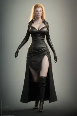 Kim Basinger in black leather gown, evil, villain, busty, cleavage, curvy, angry, happy, stern look. character design by cory loftis, fenghua zhong, ryohei hase, ismail inceoglu and ruan jia. unreal engine 5, artistic lighting, highly detailed, photorealistic, fantasy