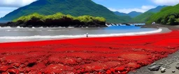 A red beach with an active volcano designed in Matryoshka dolls painted by Jean Dubuffet