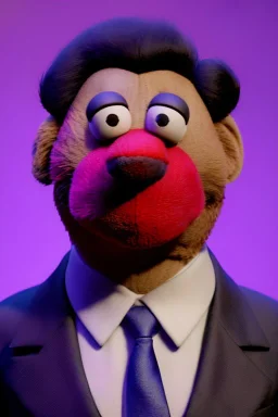 Waist up muppet Portrait, Xi Jinping as muppet doll, black suit and red tie, photo studio, blue background, unreal engine 5, concept art, art station, god lights, ray tracing, RTX, lumen lighting, ultra detail, volumetric lighting, 3d.