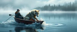 airbrush 3d rendering, wolf is being rescued from boat in lake, logo