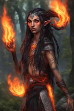 Eladrin druid female made from fire . Hair is long and bright black some braids and it is on fire. Eyes are noticeably red color, fire reflects. Make fire with hands . Has a big scar over whole face. Skin color is dark