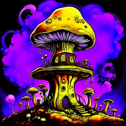 A fantabulous black, yellow, and purple (((mushroom tower house))) erected atop a (geologic pillar), surrounded by the uncanny imaginative ((( swirling skies))), offset by the stark hues of a (neon-tinged nebulous space scape), within. captured by the hand a skilled master painter with a focus on (softly blurred compositions and voluminous lighting).