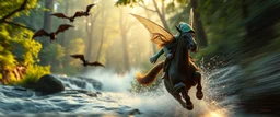 volumetric light, oil painting ,evening and motion blur running caped long haired pixie Quickling - Forgotten Realms dodging flying bats above water fall and along winding branches in lush green forest along speeding horses , bokeh like f/0.8, tilt-shift lens 8k, high detail, smooth render, down-light, unreal engine, prize winning