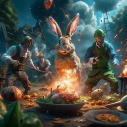 infernal portrait of chopped crazy scientist and army officer shooting food inside grove with huge fluffy levitating yoga hare with nightmare mutations getting blasted by explosions, 4 k, down-light, soft light, depth of field, photo realism, trending on art station, high detail, spray paint