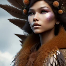 woolitize, zendaya, rusty metal, feathers, Dryad, fae, sidhe, ominous, nature, plants, wildflower, facepaint, dnd character portrait, intricate, oil on canvas, masterpiece, expert, insanely detailed, 4k resolution, retroanime style, cute big circular reflective eyes, Pixar render, unreal engine cinematic smooth, intricate detail , soft smooth lighting, soft pastel colors