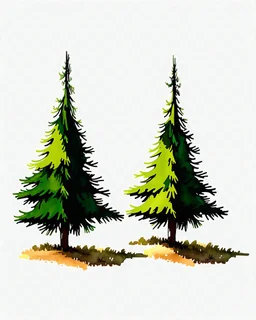 2 isolated spruce/pine trees with ground shadow, stylized graphic with watercolor