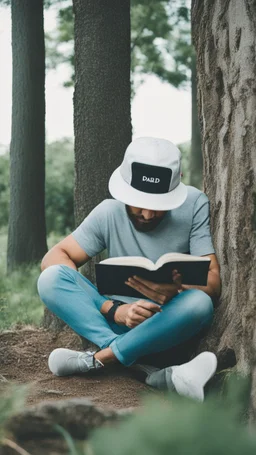 A man wears a white Dad Hat and wears glasses and is busy reading with a tree behind him, high resolution, and the image focuses on the Dad Hat