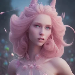 in front of a pink castle, a cheerful fairy, big smile, pink, blonde hair, beautiful, whole face, whole top hair head, wide open blue eyes, transparent wings onn the back, hyperrealism, masterpiece, expert, cinematic lighting, sharp focus, 8K, pastel, macro lens, woman, detailed, flower