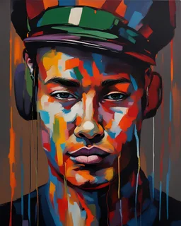 picture of modern colorful portrait painting hanging on the great dark wall