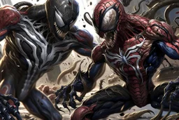 Imagine/ venom and spiderman in a battle ,Hyper-detailed ,8k, by xanuth