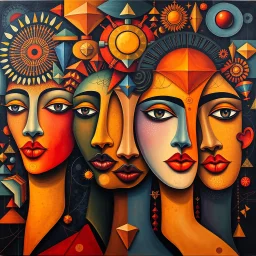 Large-scale oil painting, intricate stylized faces intermingling with geometric shapes, vibrant color palette, seamless canvas coverage, immersive gallery feel, no borders