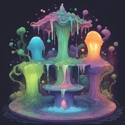 A four-way fountain each side filled with strange glowing slime in many colors, in zen tangle art style