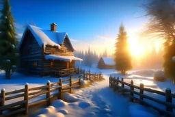 photorealism, blue sky, dawn, snowball, sun rays, beautiful sunny morning, very beautiful Russian village, beautiful wooden logs, various carved beautiful houses of different colors, fluffy trees, long snow-covered path, fluffy snow, yellow-blue shadows, professional photography, pastel colors, high resolution, high detail, ISO 100, realistic, beautiful, aesthetic, soft lighting, dim lighting, bright lighting, Catherine Welz Stein, Dmitry Vishnevsky