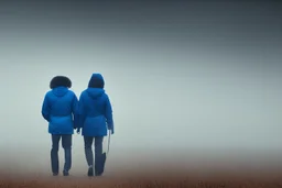 two people seen from behind walking side by side in an empty foggy plain with blue sky above