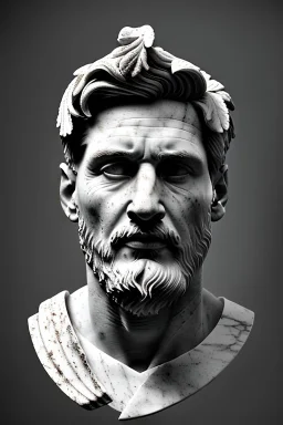 Ultra Realistic image, roman sculpture, white marble material, Lionel Messi, Laurel leaves wreath, miguel angel style, chisel style, emperador, waist up portrait, epic, celestial, cinematic lighting, God light, god rays, 4k resolution, smooth details, ornate details, soft lighting, unreal engine 5, sky and clouds background.