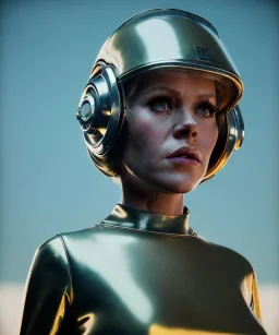 Ultra Realistic retro sci-fi image from 1960, spaceship, sweet young woman Jane Fonda with a Lizard face Man, dress with tight latex coat and retro glass helmet, Retro sci-fi style, soft color, highly detailed, unreal engine 5, ray tracing, RTX, lumen lighting, ultra detail, volumetric lighting, 3d, finely drawn, high definition, high resolution.