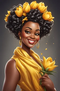Create a airbrush cartoon art style image of a curvy black female looking down with a smile on her face. Prominent makeup with hazel eyes. Highly detailed messy curly bun with a hair scarf on her head with large yellow tulip flowers surrounding her. 2k