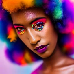 full body shot, masterpiece, best quality, one boy, one girl, one mother, one father, dark skinned, sparkling eyes, fluorescent skin, colorful makeup, afro, highly detailed body, sun light, 4K, RAW, depth of field, high contrast, realistic details, 24mm